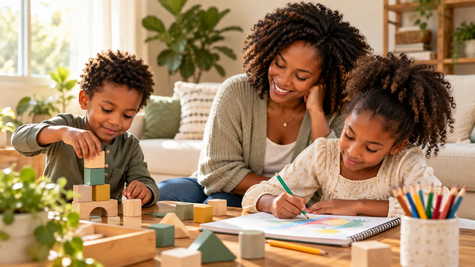 A mother smiles as her two children draw and build with wooden blocks at the table