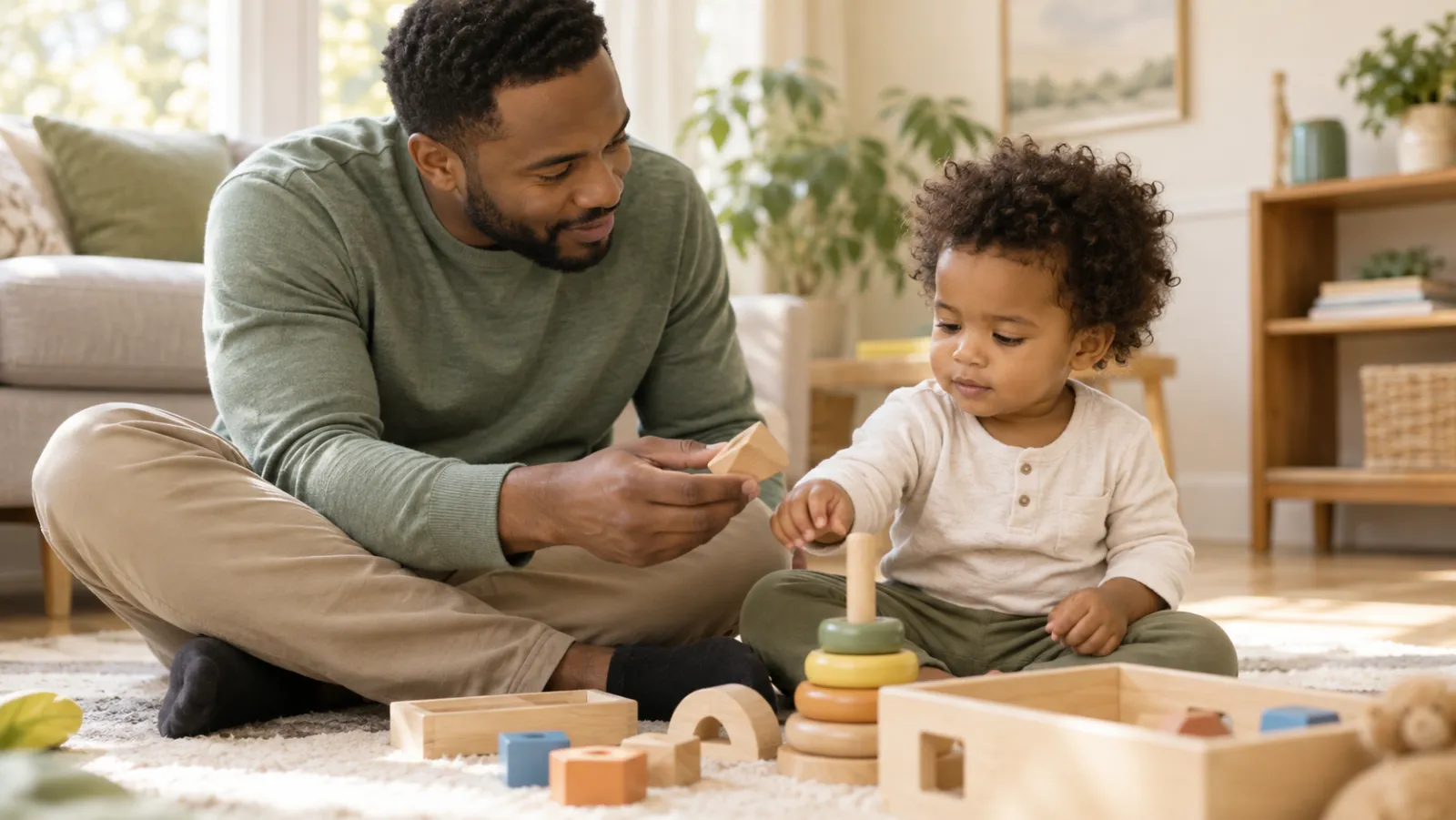 A father sits on the floor playing with stacking toys alongside his toddler
