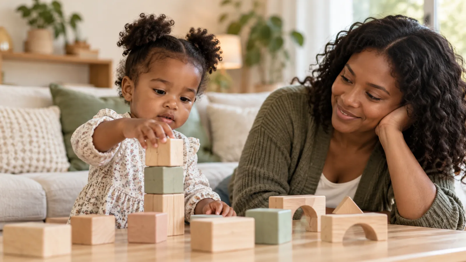 A toddler stacks wooden blocks while her mother watches and smiles
