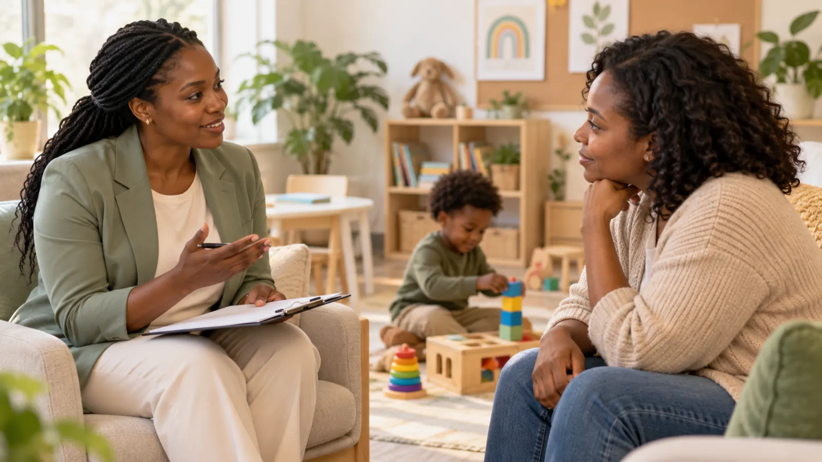 A clinician with a clipboard talks with a mother while a toddler plays with toys nearby