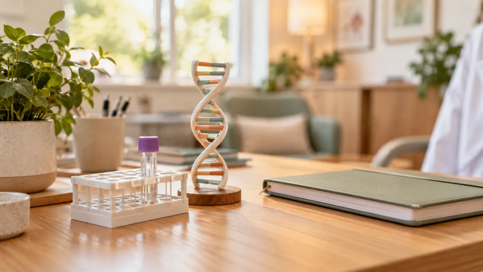 Sample tubes and a DNA model on a clinic desk