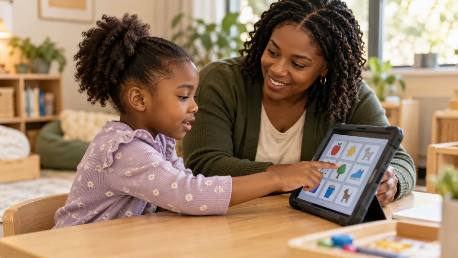 A therapist helps a young girl use a picture-based communication app on a tablet