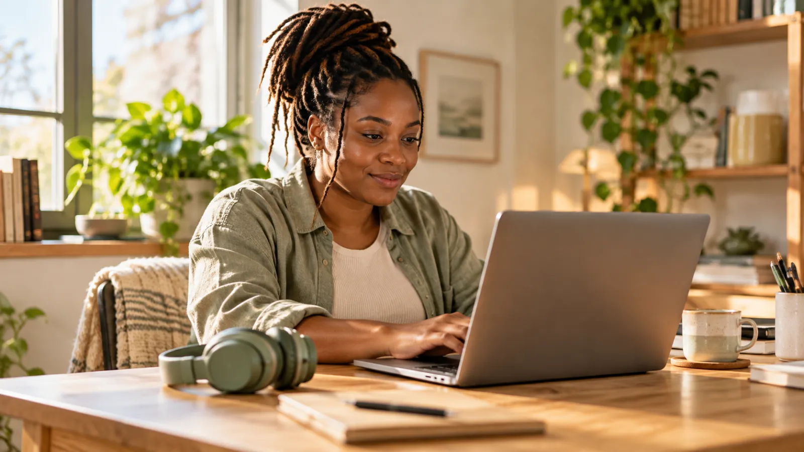 A young woman works on a laptop at a calm, plant-filled desk with headphones beside her