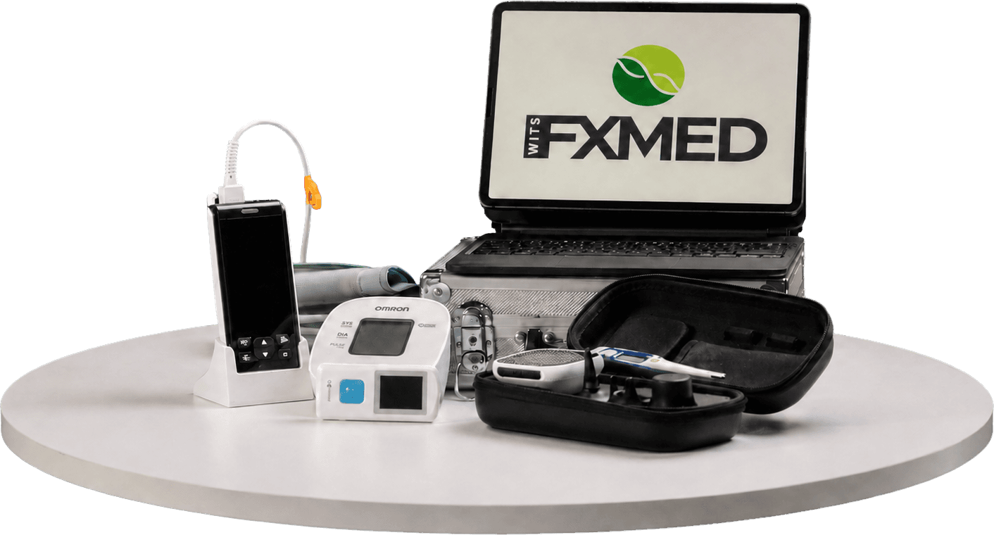 FXMed diagnostic equipment arranged around an FXMed laptop