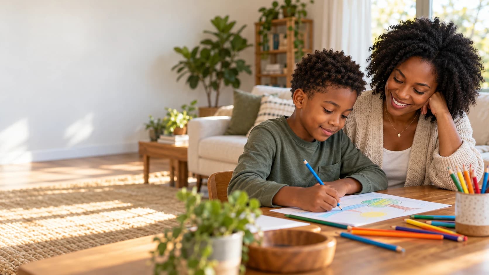 A smiling mother sits beside her son as he draws a tree with coloured pencils at home