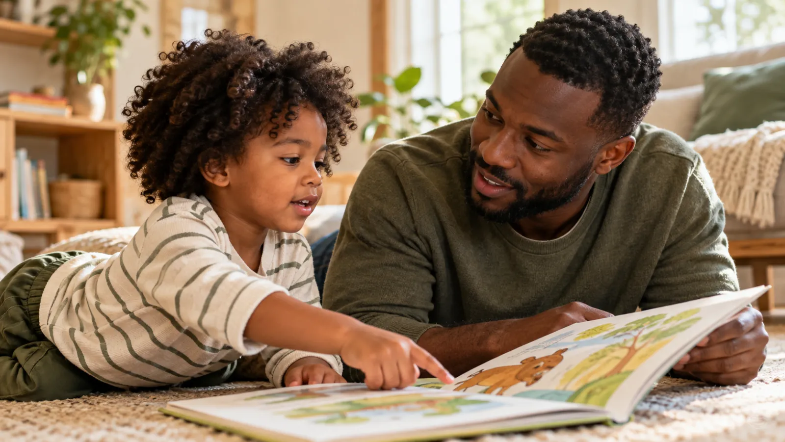 A father reads a picture book with his young child as they lie on the floor