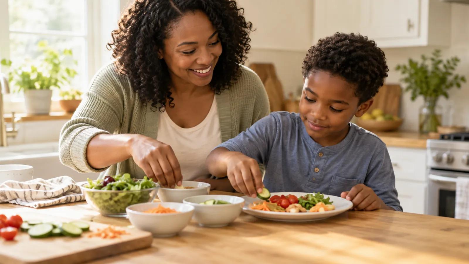 A mother and son prepare a colourful plate of vegetables together at the kitchen table